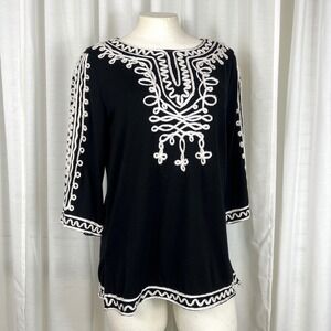 Womens M Black White Embroidered Boho Tunic Top Peasant 3/4 Sleeve Side Slits
